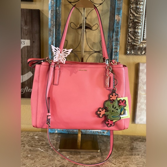 COACH Saffiano Leather Top Handle Bag Detachable Crossbody Strap AND Charms SET - Picture 1 of 17
